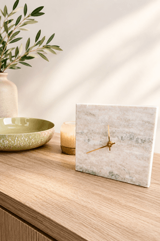 Detail of marble clock and décor in the Bloomfield clinic