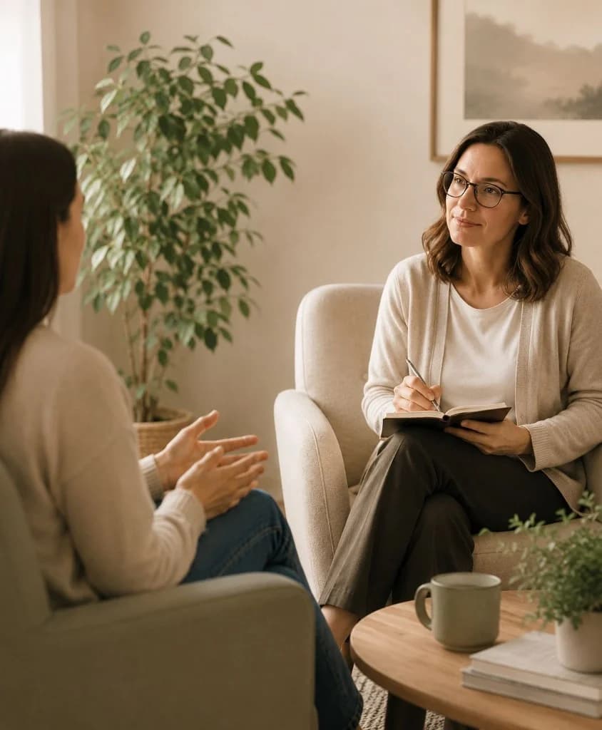 Therapist and client in a calm, supportive one-to-one session